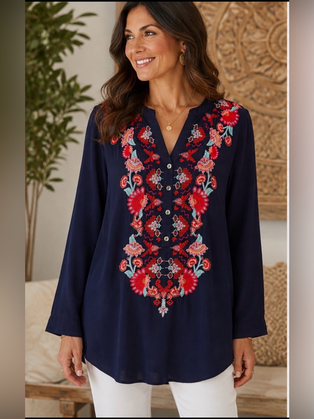Solitaire Navy Blue Classic Boho Tunic w/ Red & Pink Floral Embroidery